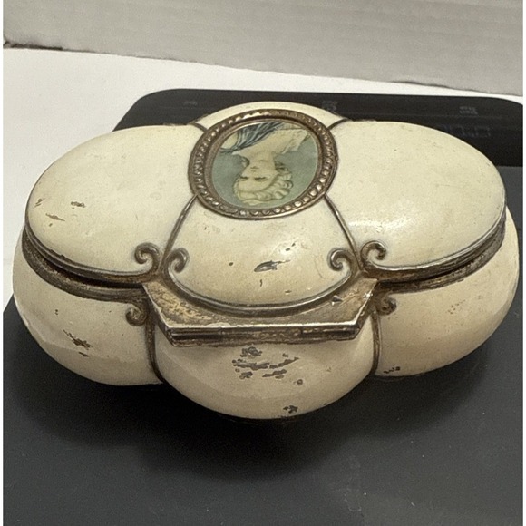 Vtg Jewelry Box W/ Miniature Painted Lady Casket Case Ivory Glaze & Gilt-Trinket - Picture 5 of 12